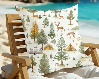 Almohada de camping con temática de bosque, animales del bosque, caravana, decoración de patio exterior