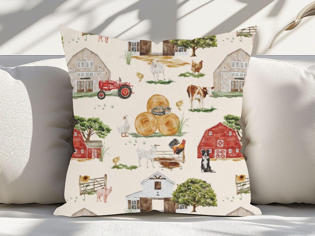 Farm Print Outdoor Pillows, Red Tractors, Barns, and Farm Animals