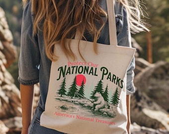 National Parks Cotton Canvas Tote Bag, Bear Fishing Design