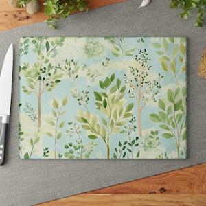 Watercolor Forest Glass Cutting Board, Nature-Inspired Kitchen Decor, Woodland Tempered Glass Board, Tree Lover Gift for Natural Homes