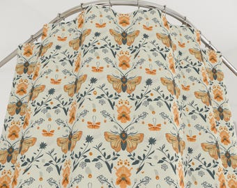 Golden Moth Shower Curtain, Boho Botanical Bathroom Decor