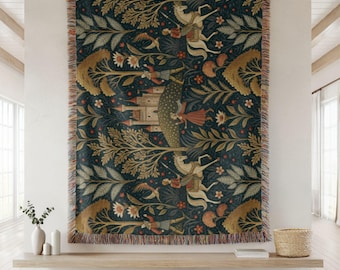 Medieval Storybook Woven Throw, Fairytale Castle Blanket, Forest Decor, Fantasy Cotton Tapestry, Fairytale Cotton Throw, Fantasy Decor