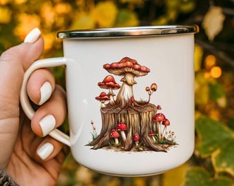 Taza de camping esmaltada con forma de hongo, estilo rústico, con diseño de bosque