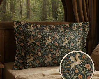 Medieval Griffin Tapestry Pillow Sham, Cottagecore Floral Cover