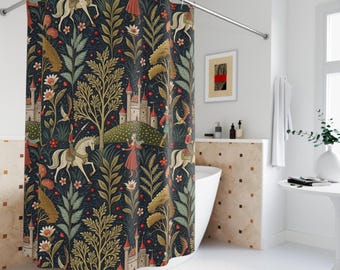 Betoverd kasteel douchegordijn, middeleeuwse eenhoorn badkamer decor, betoverd middeleeuws bos douchegordijn, sprookjeskasteel badkamer decor