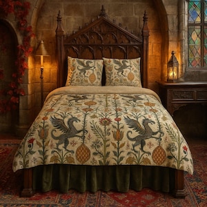 May include: A bed with a dark wooden headboard and a patterned duvet cover. The duvet cover features a repeating design of winged creatures, flowers, and foliage in shades of green, gold, and red on a cream background. Two matching pillows are visible.