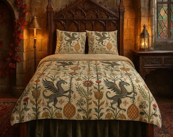 Medieval Griffin Duvet Cover, Gothic Oeko-Tex Cotton Bedding