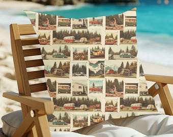Almohada de exterior con collage de caravana retro, decoración vintage para autocaravanas