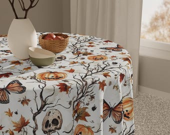 Pumpkin Skull Tablecloth - Halloween Monarch Butterfly Decor