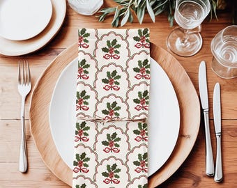 Holly & Ribbon Christmas Dinner Napkins, Vintage Holiday Table Décor, Festive Cloth Napkin Set, Classic Christmas Kitchen Linens