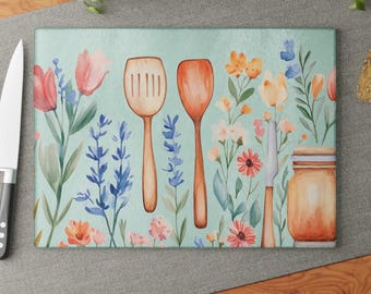 Floral Cottagecore Glass Cutting Board, Kitchen Decor