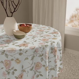 Pink Rose Floral Tablecloth, Cottagecore Polyester Decor