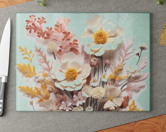 Blush Bloom Tempered Glass Cutting Board, Floral Kitchen Decor