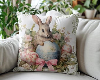 Floral Easter Bunny Pillow, Spring Rabbit Throw Pillow