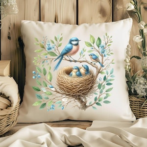 Bluebird Nest Family Throw Pillow with Insert, Bird Pillow, Cottagecore Decor, Floral Pillow, Nature-Inspired Gift, Throw Pillow, Bird Nest