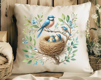 Bluebird Family Nest Throw Pillow, Cottagecore Bird Decor