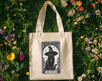 Black Cat Tarot Card Tote Bag, Gothic Witchy Cotton Canvas