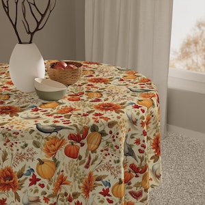 Skördefåglar och pumpor i polyester, höstdekoration i Cottagecore (145 cm kvadrat)