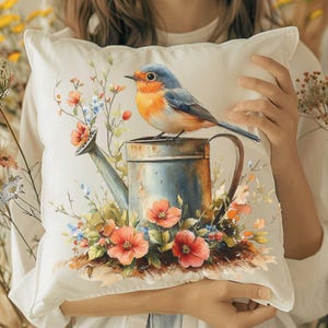 Bluebird & Watering Can Throw Pillow with Insert, Cottage Garden Bird Pillow, Spring Accent Cushion, Nature Decor, Throw Pillow, Pillows