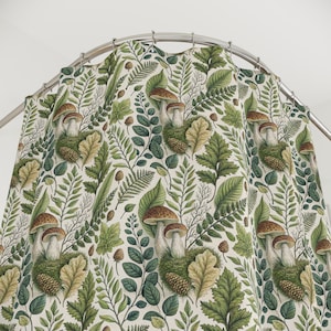 Forest Botanical Mushroom Shower Curtain, Woodland Nature Bathroom Decor, Cottagecore Shower Curtain, Mushrooms, Leaves, Pinecones,Botanical