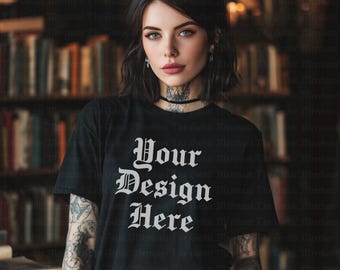 Black T-Shirt Mockup: Dark Academia Library Setting (PNG Digital Download)