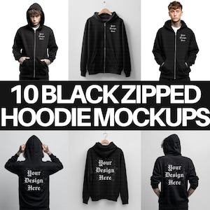 Puede incluir: Una colección de maquetas de sudaderas con capucha con cremallera negras. La imagen presenta múltiples vistas de las sudaderas con capucha, incluyendo la parte delantera y trasera, con el texto "Your Design Here" mostrado en algunas. También está presente el texto "10 BLACK ZIPPED HOODIE MOCKUPS".