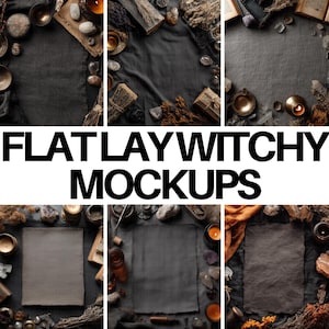 May include: A collection of flat lay mockups with a witchy theme. The image features dark gray fabric backgrounds surrounded by candles, crystals, dried herbs, and small vintage items. The text "FLATLAYWITCHY MOCKUPS" is displayed in bold black letters.
