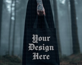 Black Tote Bag Mockup: Gothic Woman, Dark Forest (PNG Download)