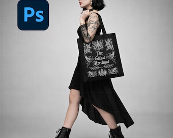 Tote Bag Mockup: Gothic Style Model (PNG & PSD Smart Object)