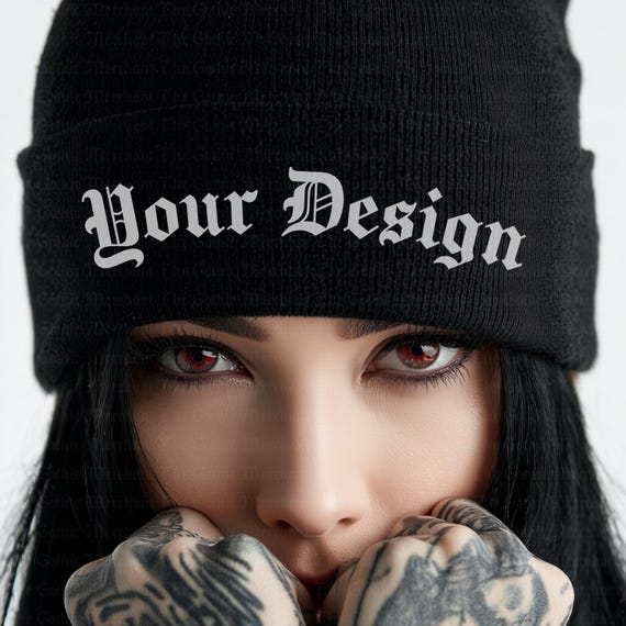 Black Knit Beanie Mockup: OTTO Cap 82-480 Inspire, Gothic Tattooed