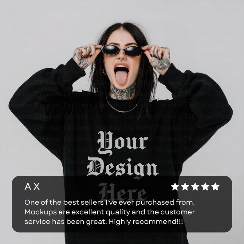 May include: Black sweatshirt with the text "Your Design Here" in a gothic font. The image shows a person wearing the sweatshirt and black sunglasses. The sweatshirt has long sleeves.