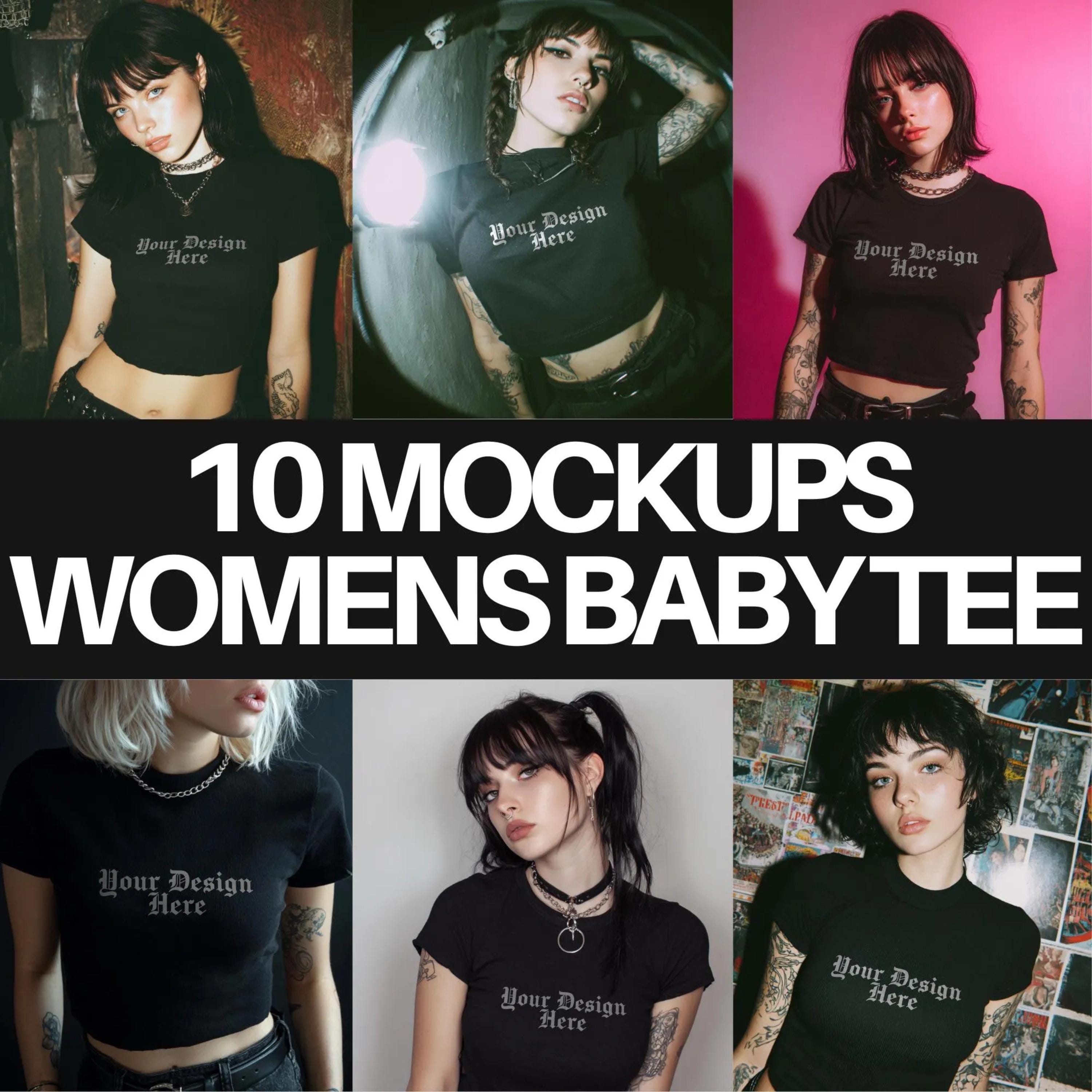 Y2K Baby Tee Mockups: Alt Models, Fitted Black T-shirt (10 Pngs