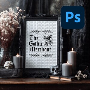May include: A framed black and white print with the text "The Gothic Merchant" and floral accents. The image is set on a wooden surface with candles, a skull, and dried flowers, creating a gothic aesthetic.