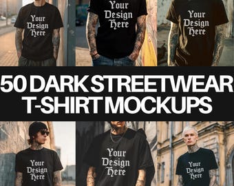 Black T-Shirt Mockup Bundle: 50 PNGs, Urban Streetwear (Instant Download)
