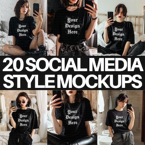 May include: A collection of six images showcasing black t-shirts with the text "Your Design Here." The images are mockups for social media, with the text "20 SOCIAL MEDIA STYLE MOCKUPS" in large white letters.