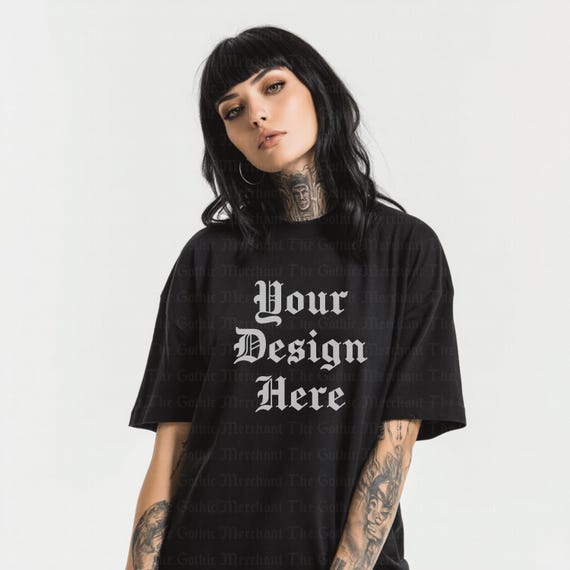 Oversize Black T-shirt Mockup | Gothic Tattooed Model (PNG File
