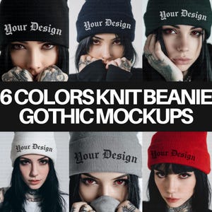 Pode incluir: Uma maquete com seis gorros de malha em várias cores: preto, azul marinho, verde escuro, branco, cinza e vermelho. Cada gorro exibe o texto "Your Design" em uma fonte gótica. A imagem também inclui o texto "6 COLORS KNIT BEANIE GOTHIC MOCKUPS."