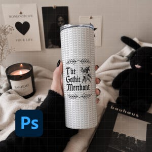 Maqueta de vaso térmico delgado: 20 oz, estilo gótico alternativo (PNG y objeto inteligente PSD)
