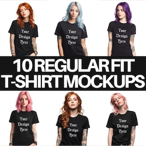 Black T-Shirt Mockups with Tattooed Female Models | 10 PNGs | Gildan, Bella Canvas, Comfort Colors | Digital Download