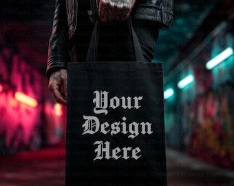 Black Tote Bag Mockup: Gothic Streetwear PNG (Instant Download)