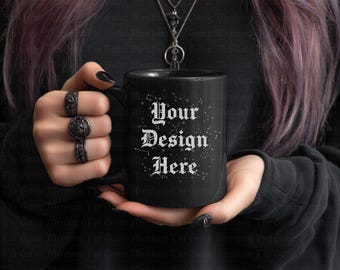 Black Mug Mockup: Gothic Woman Holding 11oz Mug (PNG File, Instant Download)