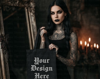 Black Tote Bag Mockup: Gothic Witch Halloween PNG (Instant Download)