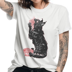 Gothic Cat Eating Noodles T-Shirt – Woodcut Style, Occult Aesthetic Tee, Macabre Medieval Art, Dark Alternative Cat Lover Shirt