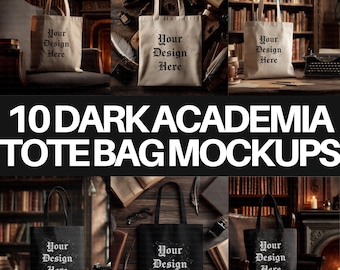 Tote Bag Mockups Bundle: Dark Academia, Book Lover Style (10 PNG Digital Download)