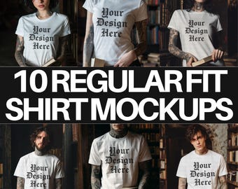 White T-Shirt Mockup Bundle: Dark Academia Library (10 PNG Images)