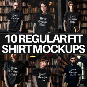 Puede incluir: Una colección de maquetas de camisetas negras de corte regular. Cada camiseta presenta el texto "Your Design Here" en una fuente decorativa. La imagen incluye a varias personas que llevan las camisetas, con un fondo de estanterías. También se muestra el texto "10 Regular Fit Shirt Mockups".