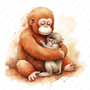 Puede incluir: Ilustración en acuarela de un orangután abrazando a un bebé orangután. El adulto es de color marrón cálido, y el bebé es de color gris claro. Ambos están representados con los ojos cerrados, sugiriendo una escena pacífica.