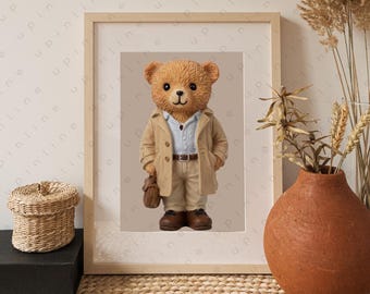 Cute Teddy Bear Nursery Wall Art Set, Kids Room Printable Bear Illustrations, Baby Room Decor, Neutral Animal Art, Digital Download PNG