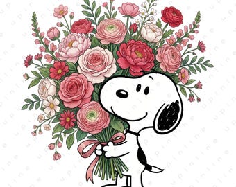 Snoopy with Flowers Clipart, Pink Bouquet Illustration (Digital Download)