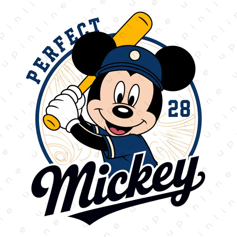 May include: Mickey Mouse baseball graphic. Mickey is wearing a blue baseball uniform and cap, holding a yellow bat. The text "PERFECT" arches above Mickey, and "Mickey" is written below. The number "28" is also visible.